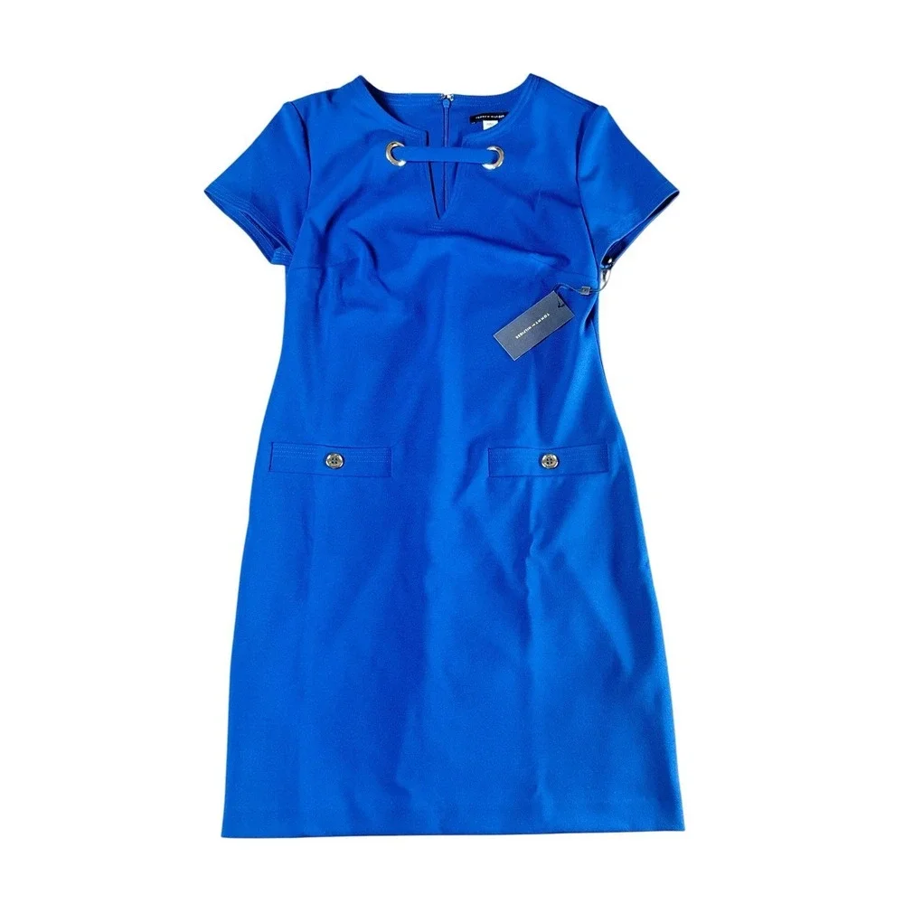 TOMMY HILFIGER Dress Womens 2 Blue Scuba Sheath Grommet Neck  NWT